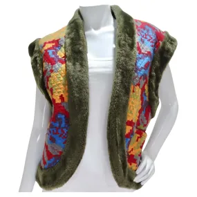 Bis Bis Vintage Faux Fur Lined Quilted Rosette Vest