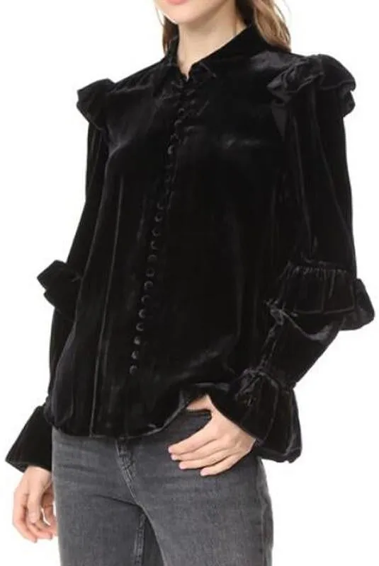Black Ruffle Velvet Blouse