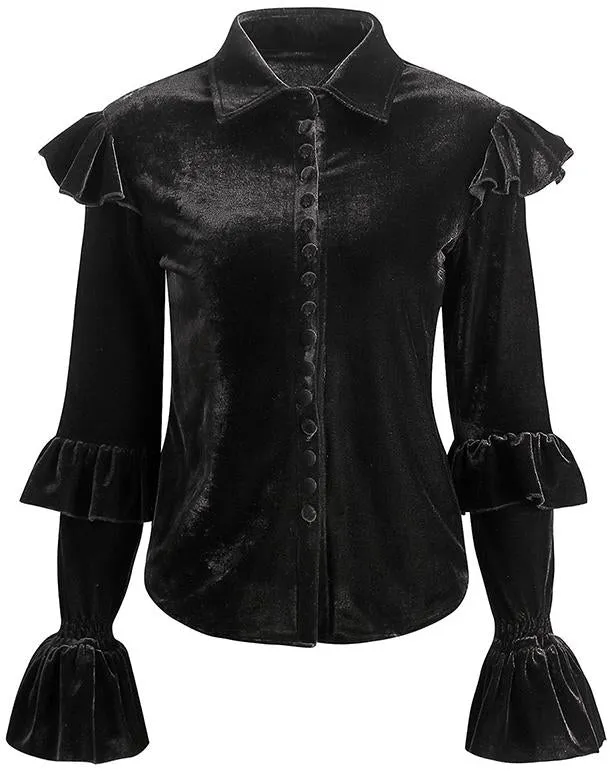 Black Ruffle Velvet Blouse