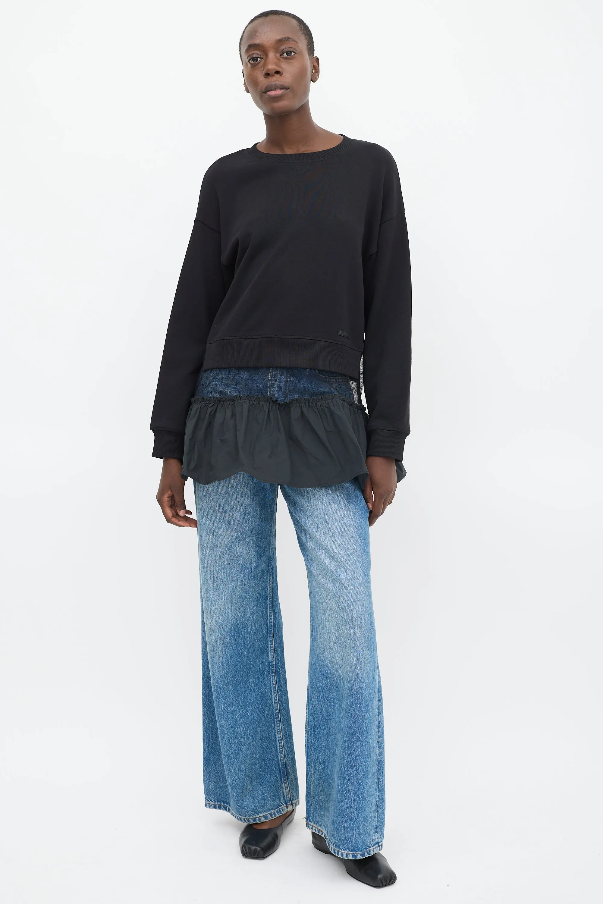 Black Tulle Panelled Gathered Tier Crewneck
