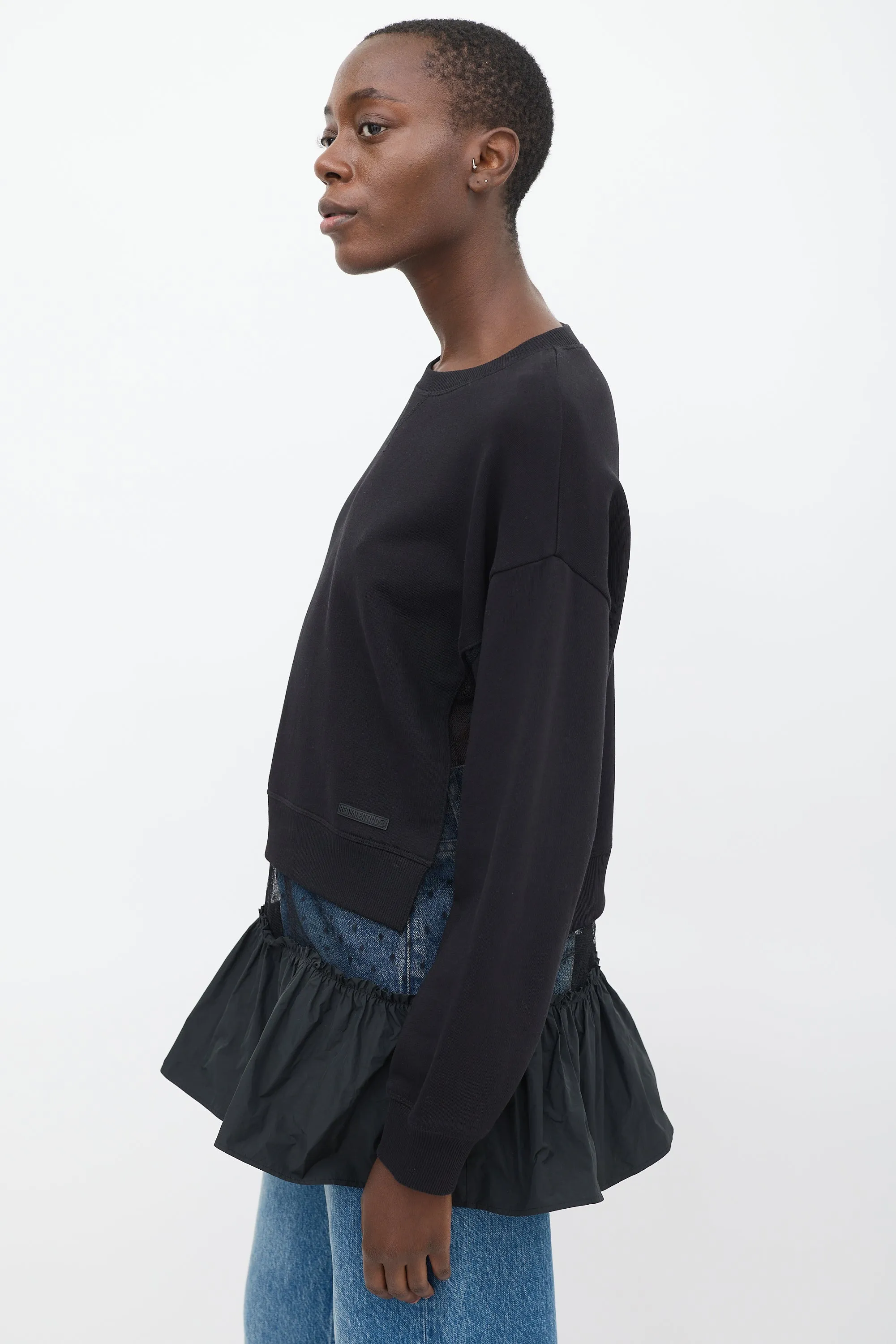 Black Tulle Panelled Gathered Tier Crewneck
