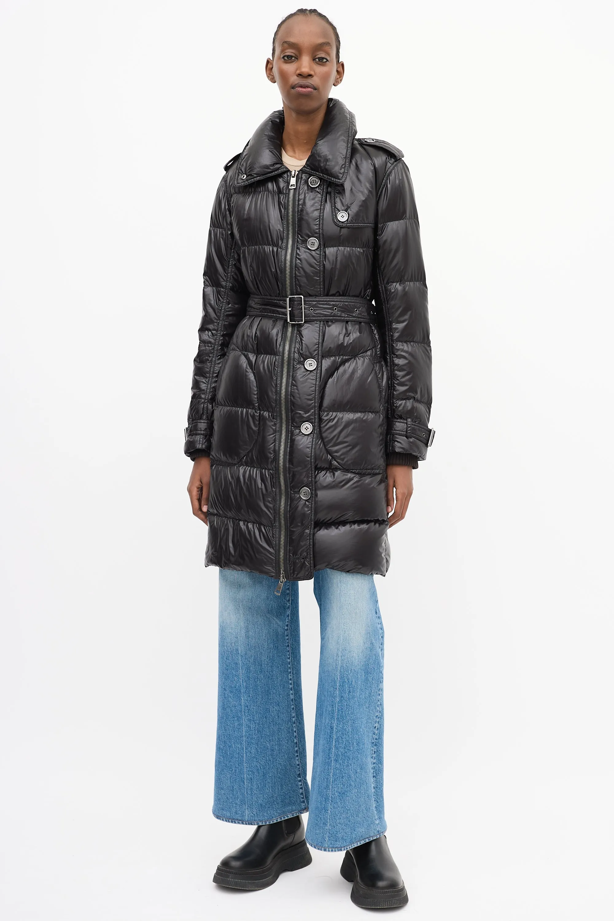 Brit Black Nylon Belted Down Puffer Coat