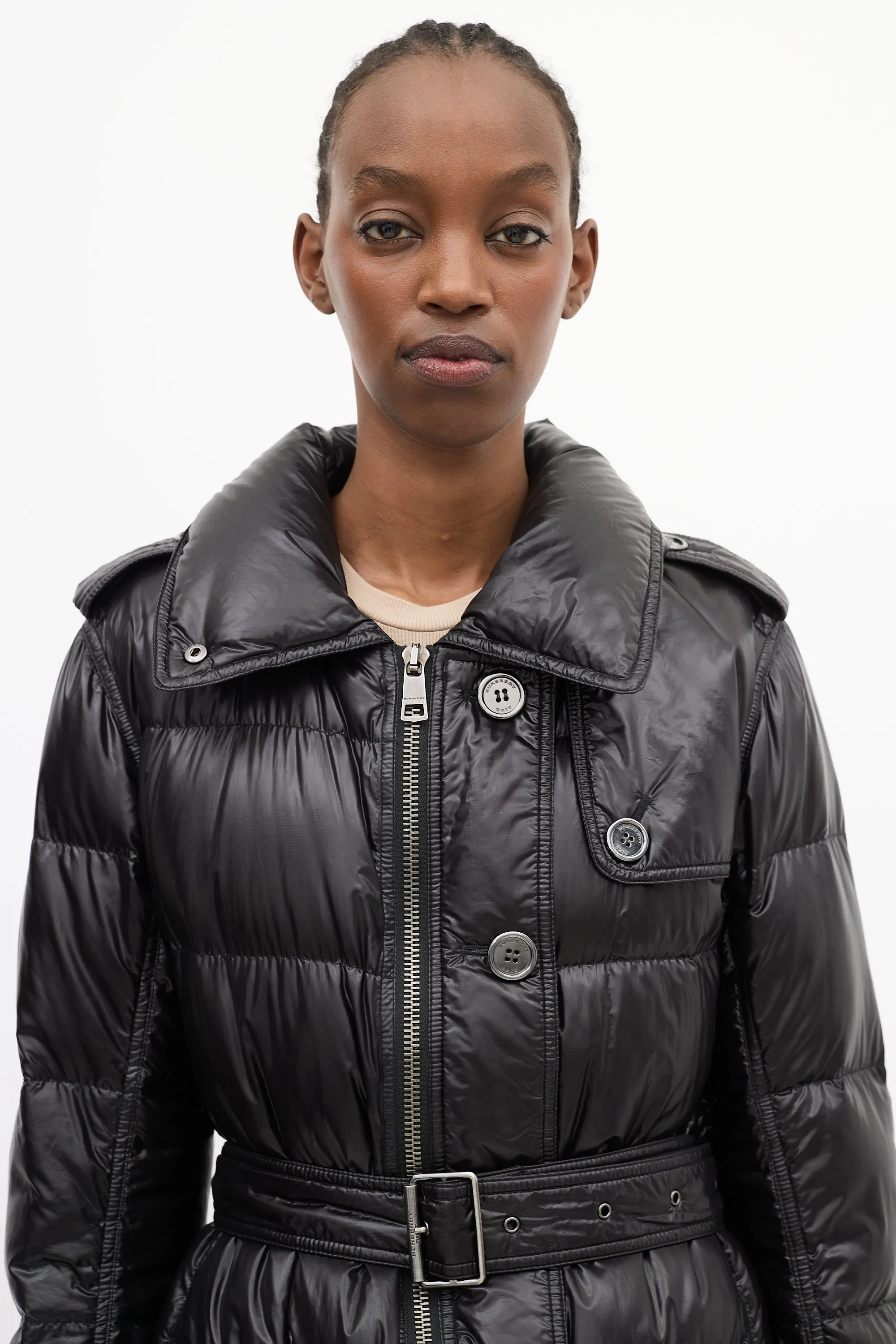 Brit Black Nylon Belted Down Puffer Coat