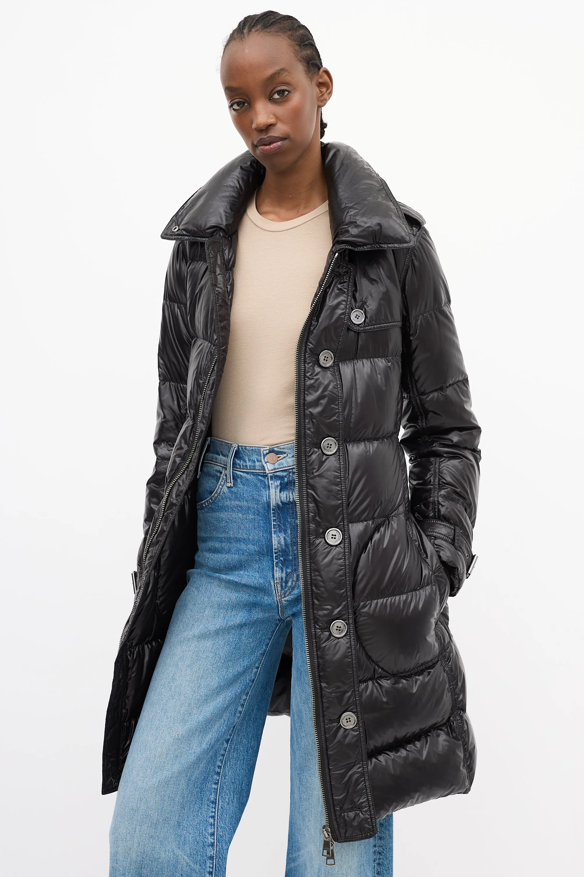 Brit Black Nylon Belted Down Puffer Coat