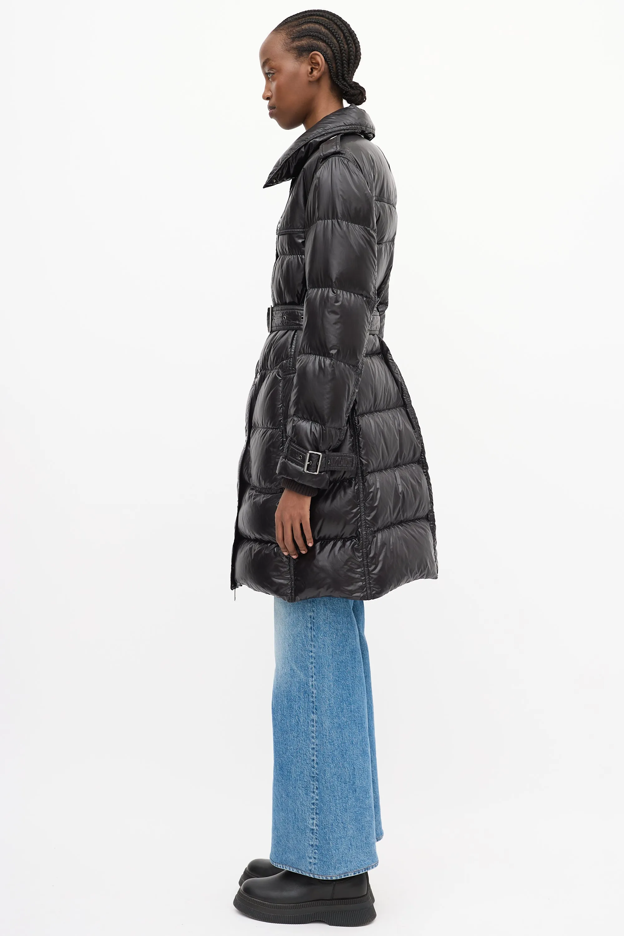 Brit Black Nylon Belted Down Puffer Coat