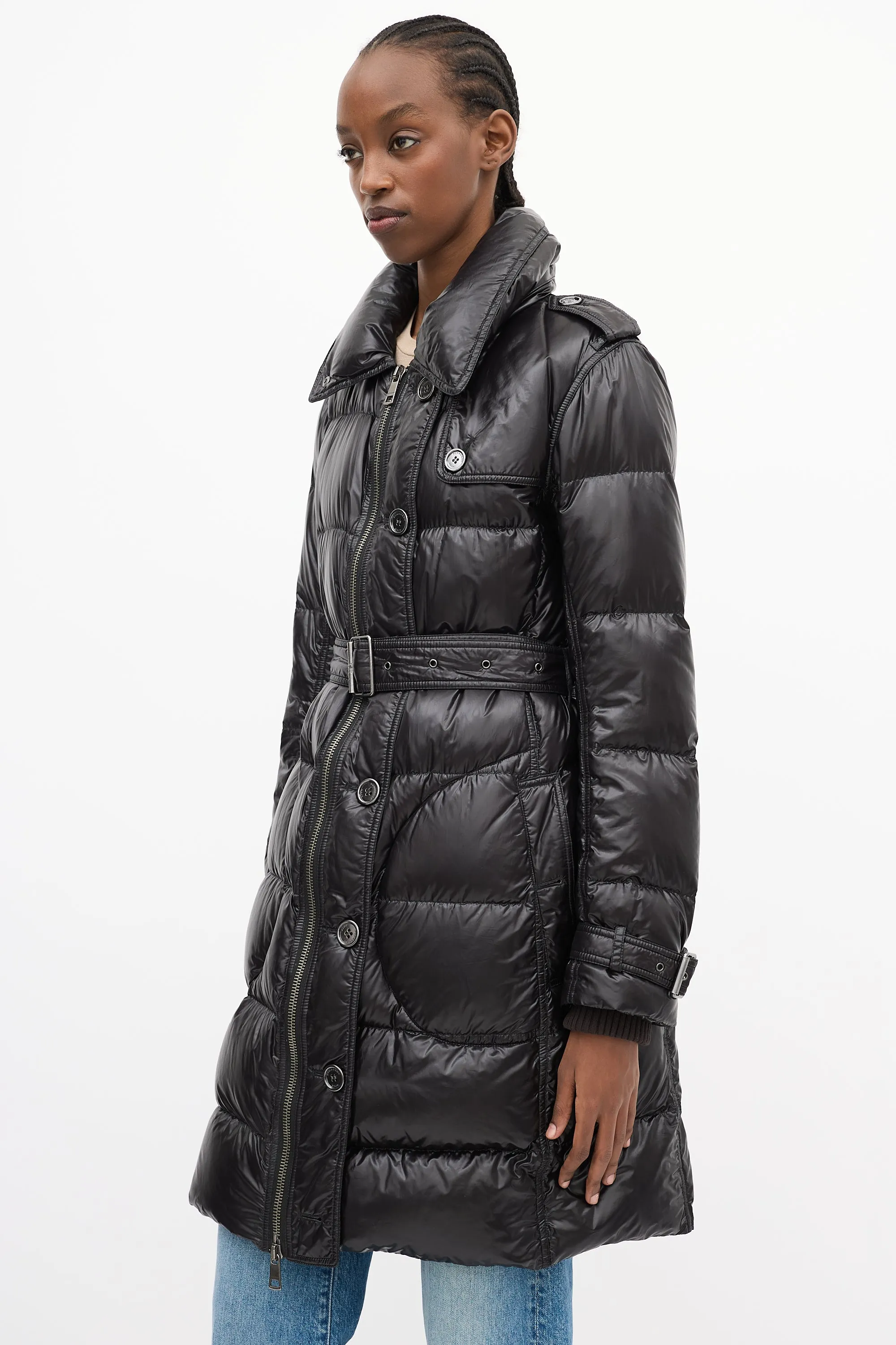 Brit Black Nylon Belted Down Puffer Coat