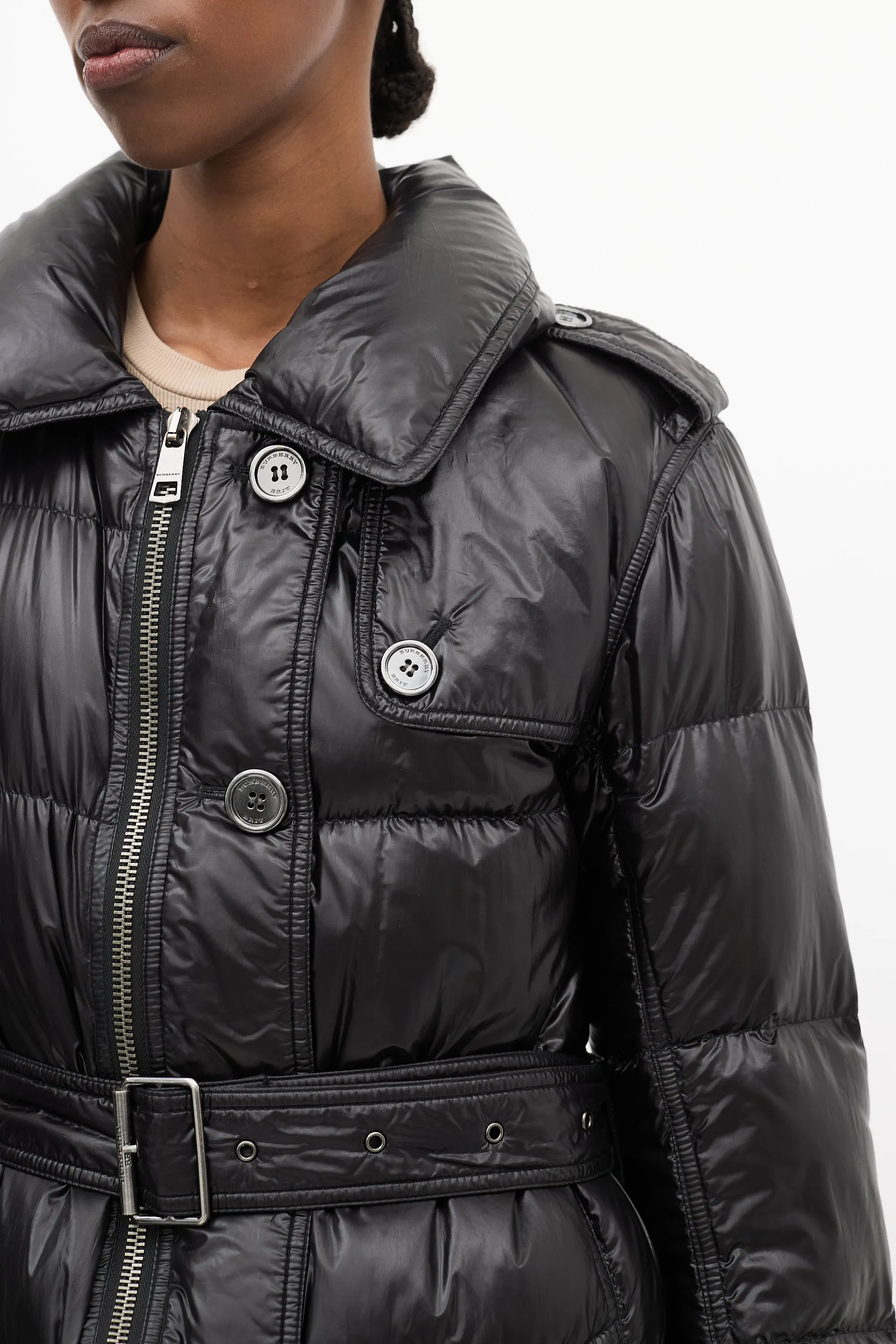 Brit Black Nylon Belted Down Puffer Coat