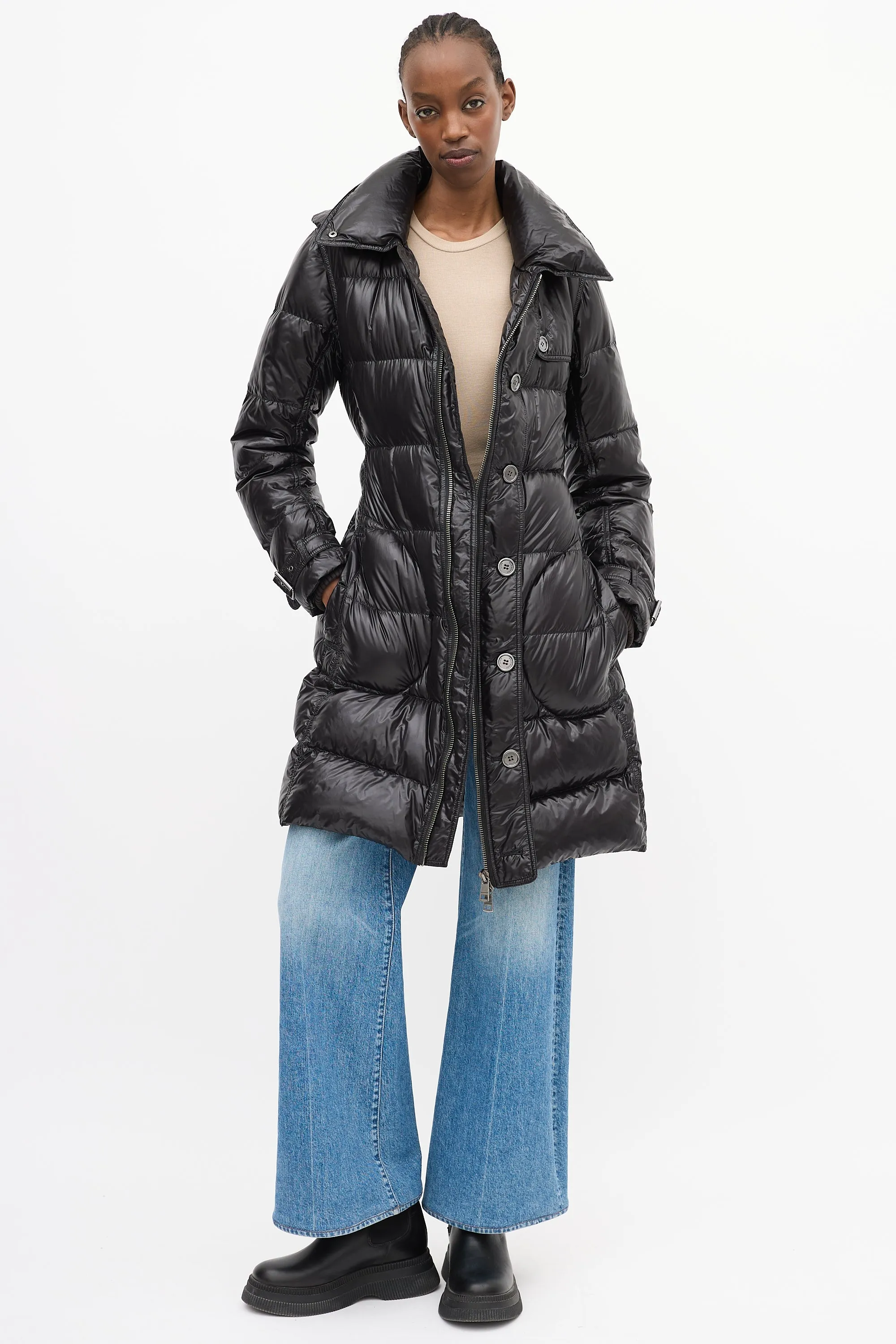 Brit Black Nylon Belted Down Puffer Coat