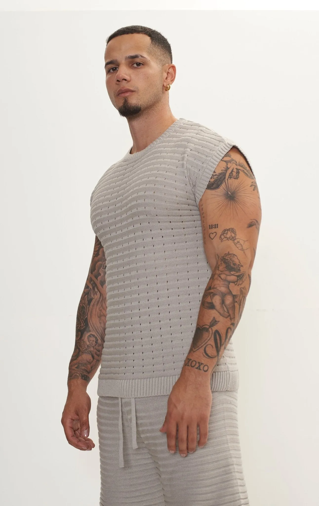Eyelet short sleeve Knit Top and Shorts Set - Grey