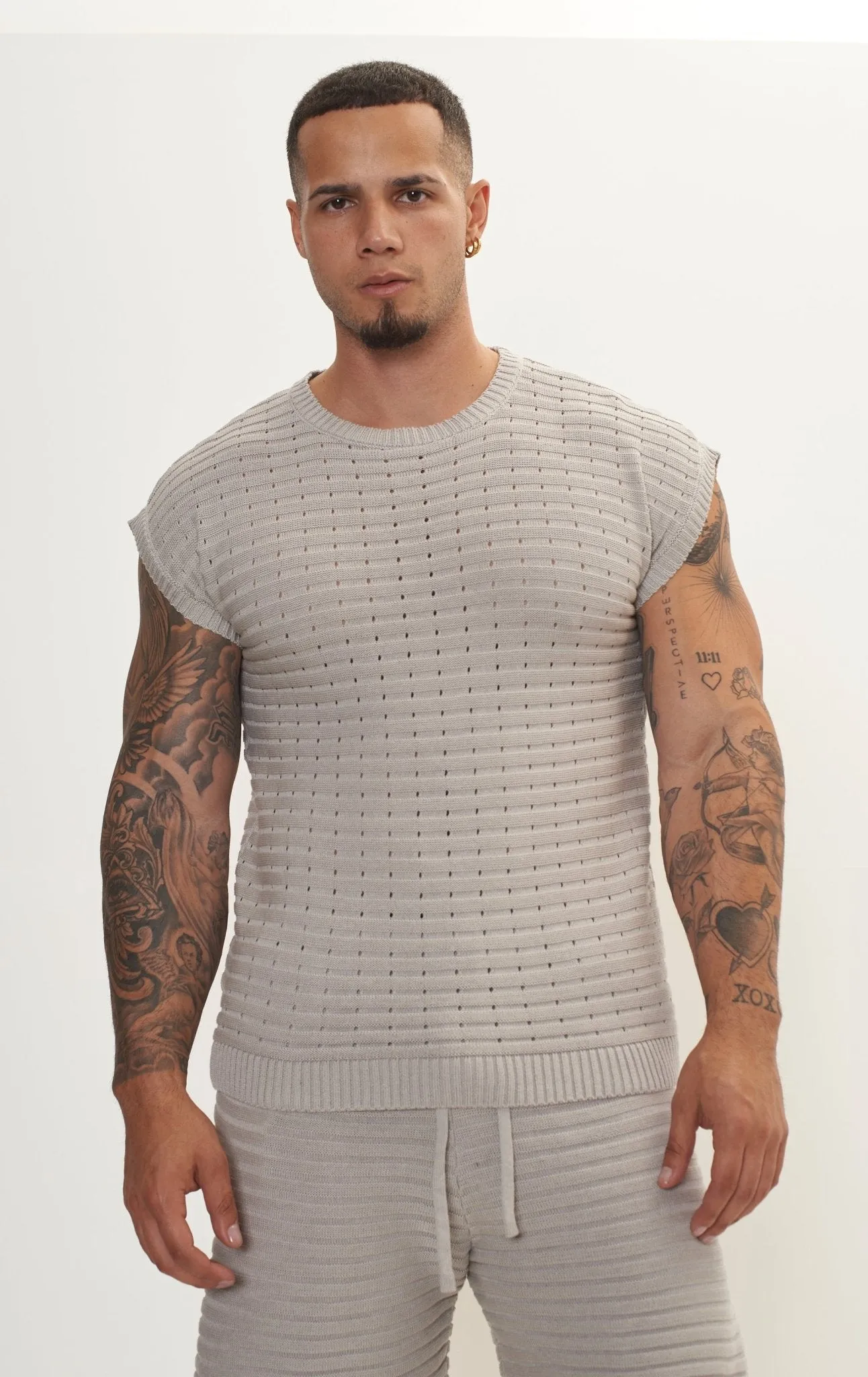 Eyelet short sleeve Knit Top and Shorts Set - Grey