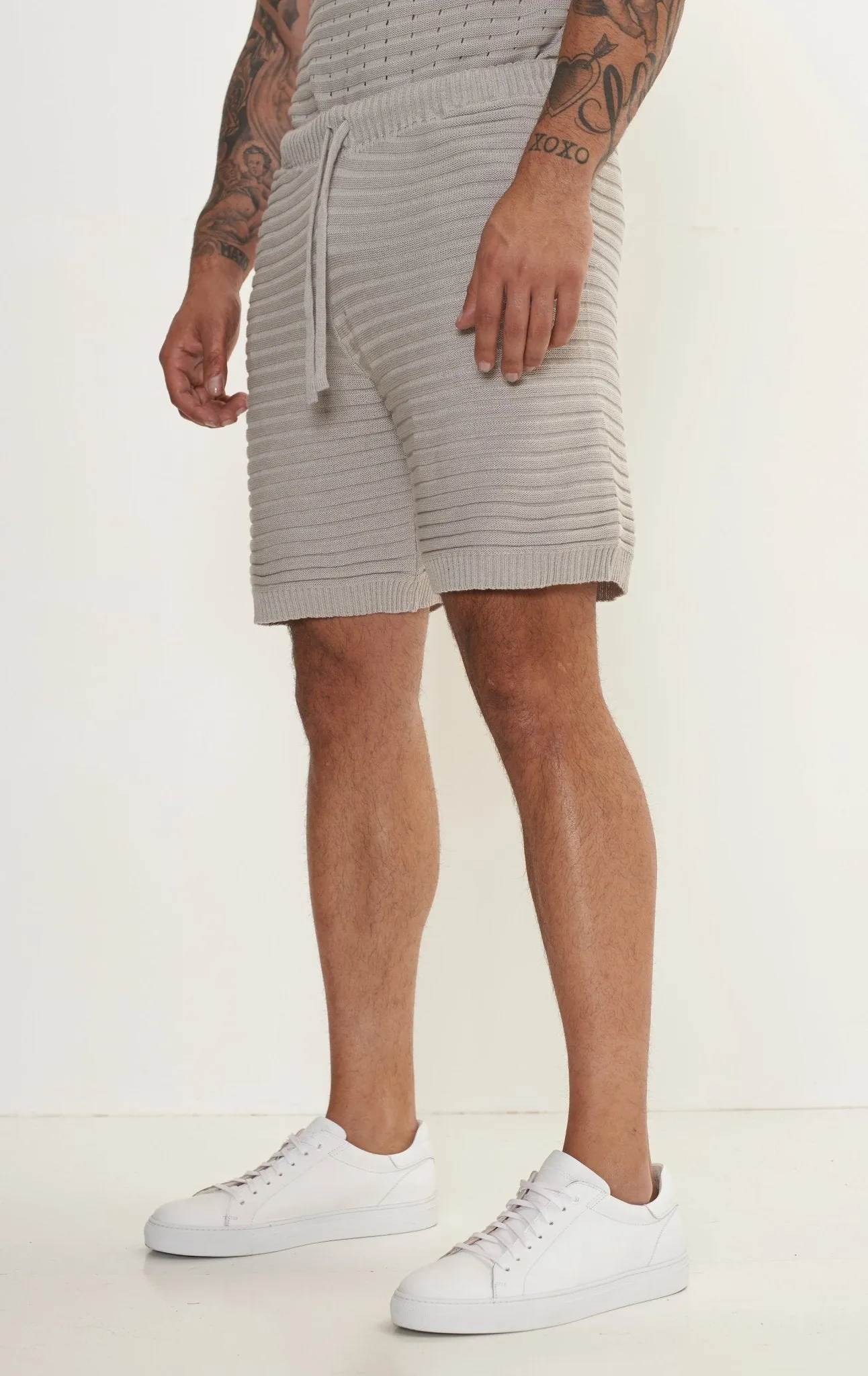 Eyelet short sleeve Knit Top and Shorts Set - Grey
