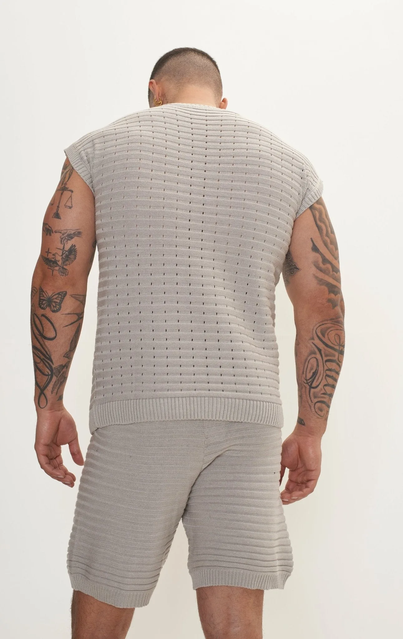 Eyelet short sleeve Knit Top and Shorts Set - Grey