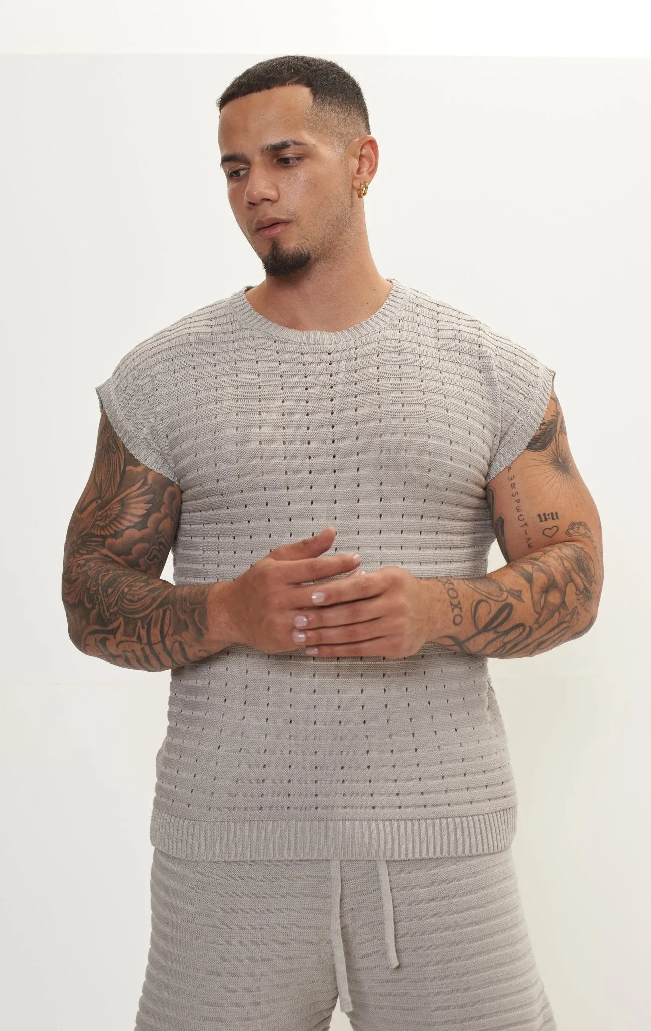 Eyelet short sleeve Knit Top and Shorts Set - Grey