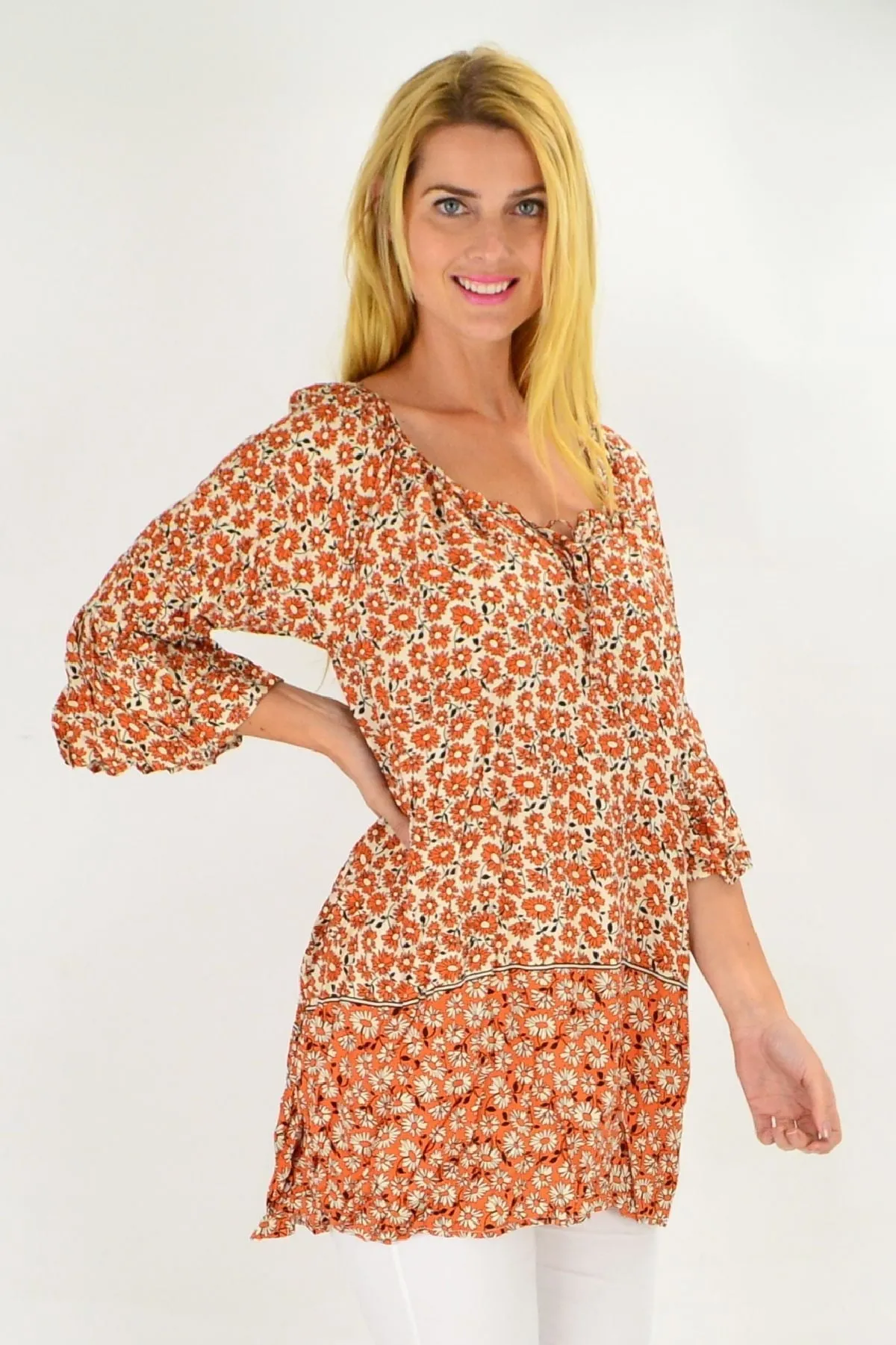 Fresh Orange Flower Crinkle Tunic Top