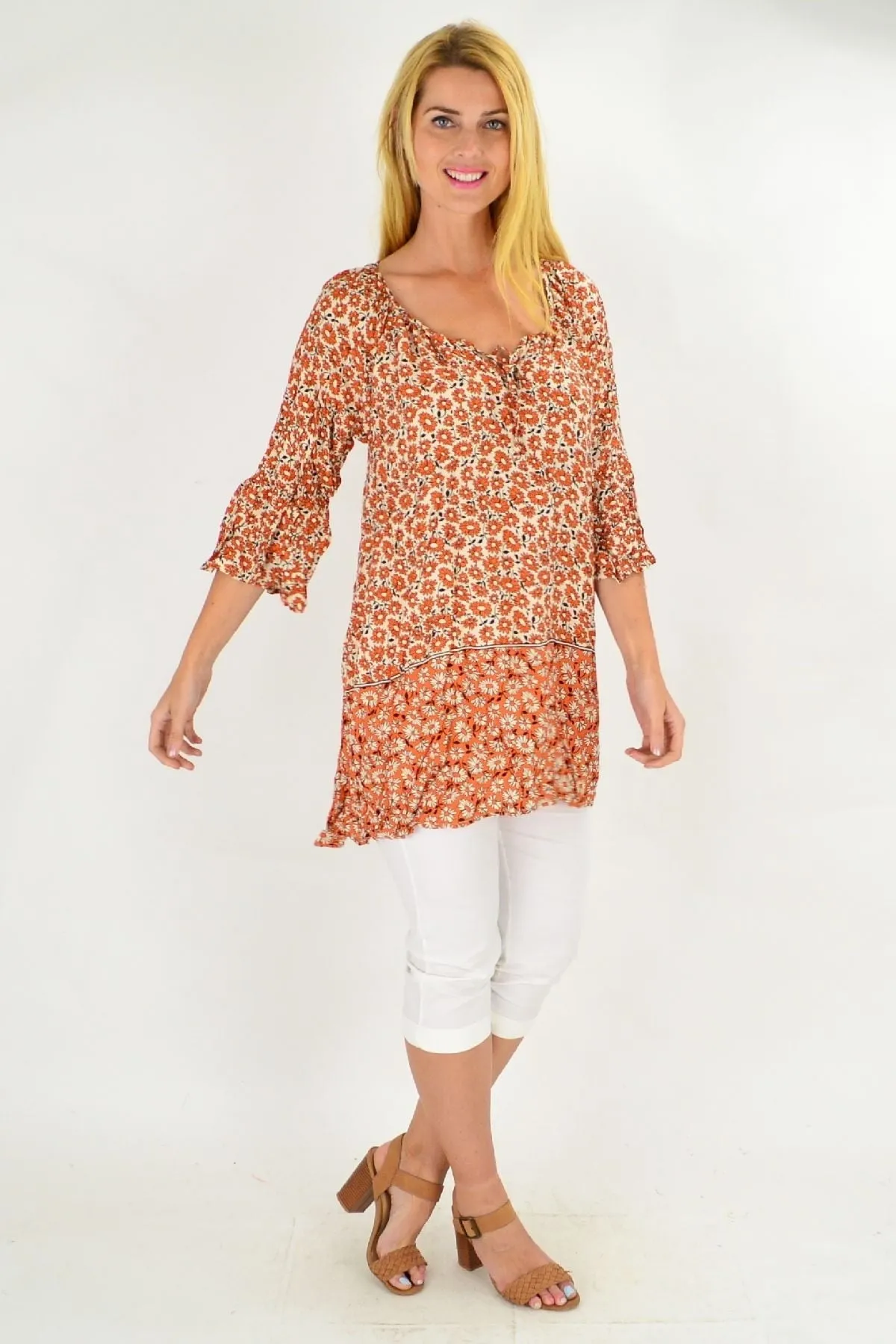Fresh Orange Flower Crinkle Tunic Top