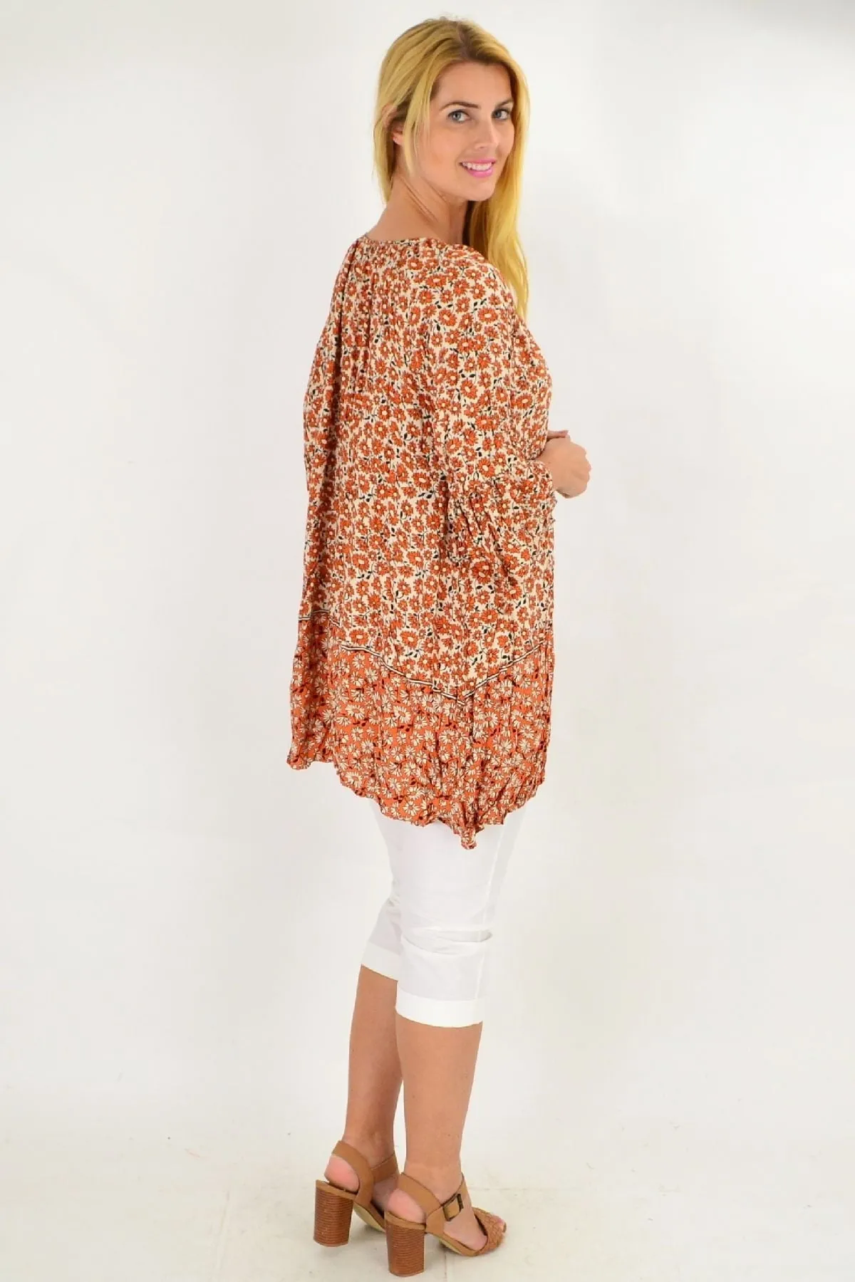 Fresh Orange Flower Crinkle Tunic Top