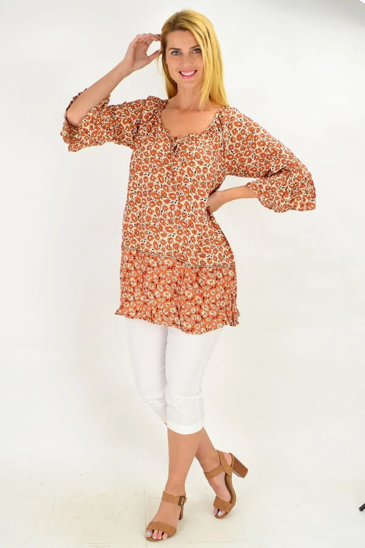 Fresh Orange Flower Crinkle Tunic Top