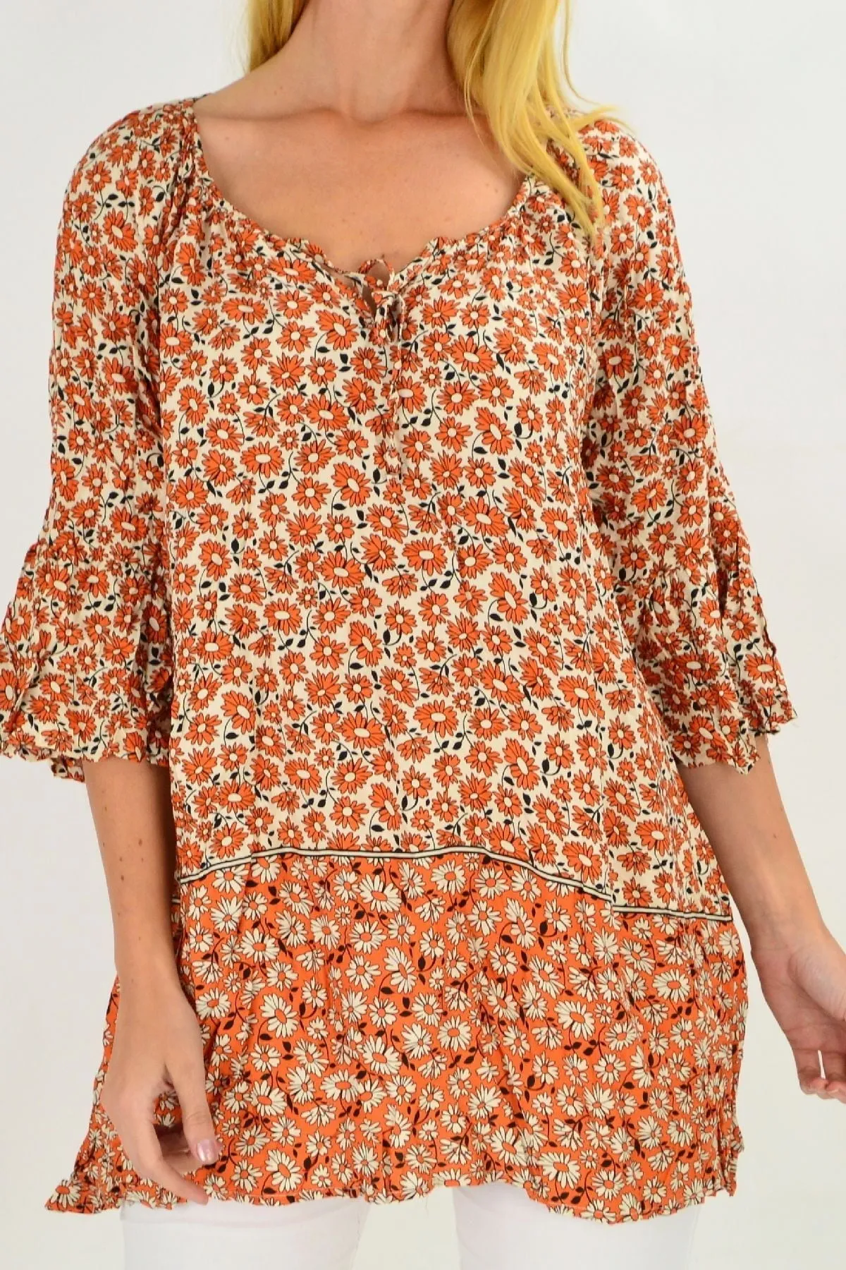 Fresh Orange Flower Crinkle Tunic Top