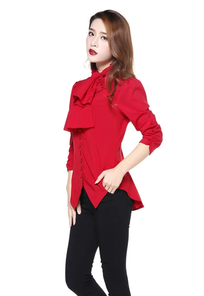 Gothic Victorian Steampunk Red Ruffle Tie Neck Ruched Sleeve Blouse