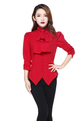 Gothic Victorian Steampunk Red Ruffle Tie Neck Ruched Sleeve Blouse