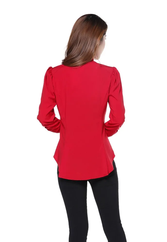 Gothic Victorian Steampunk Red Ruffle Tie Neck Ruched Sleeve Blouse