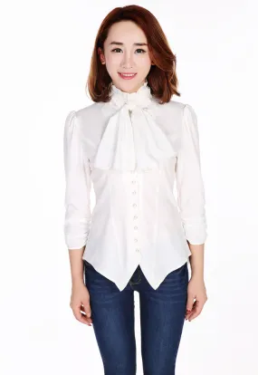 Gothic Victorian Steampunk White Ruffle Tie Neck Ruched Sleeve Blouse