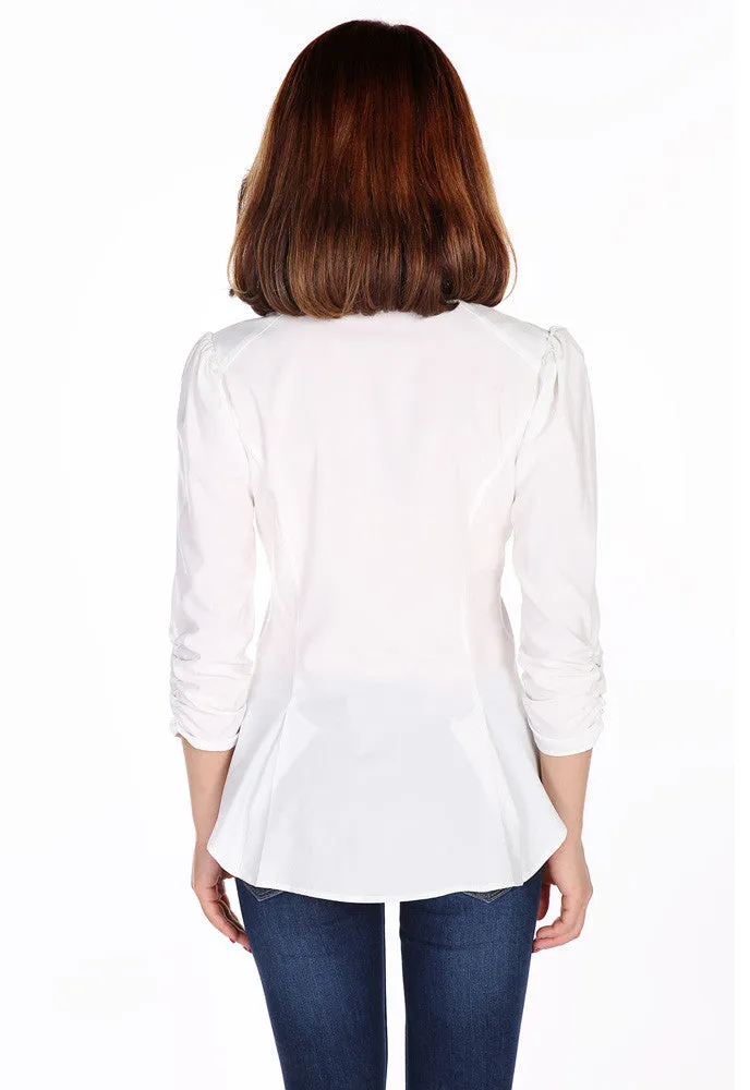 Gothic Victorian Steampunk White Ruffle Tie Neck Ruched Sleeve Blouse