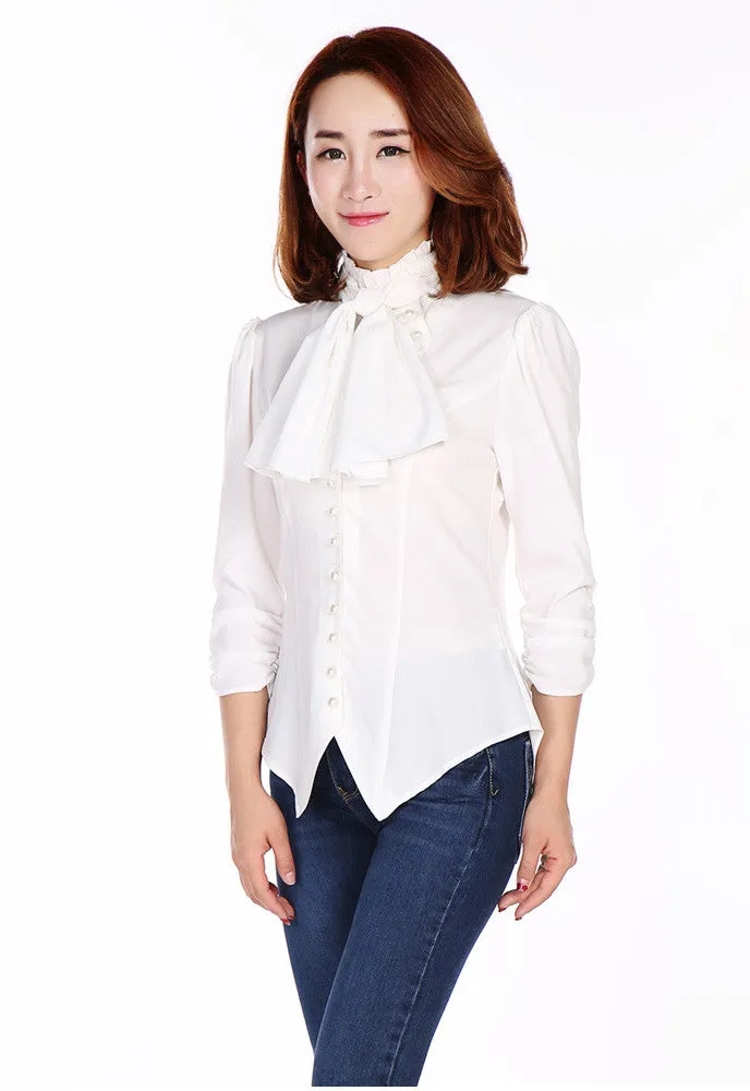 Gothic Victorian Steampunk White Ruffle Tie Neck Ruched Sleeve Blouse