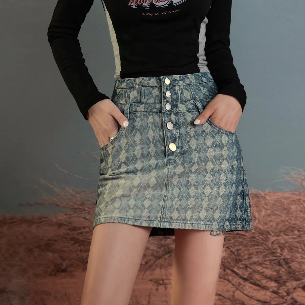 Gradient Argyle Denim Skirt
