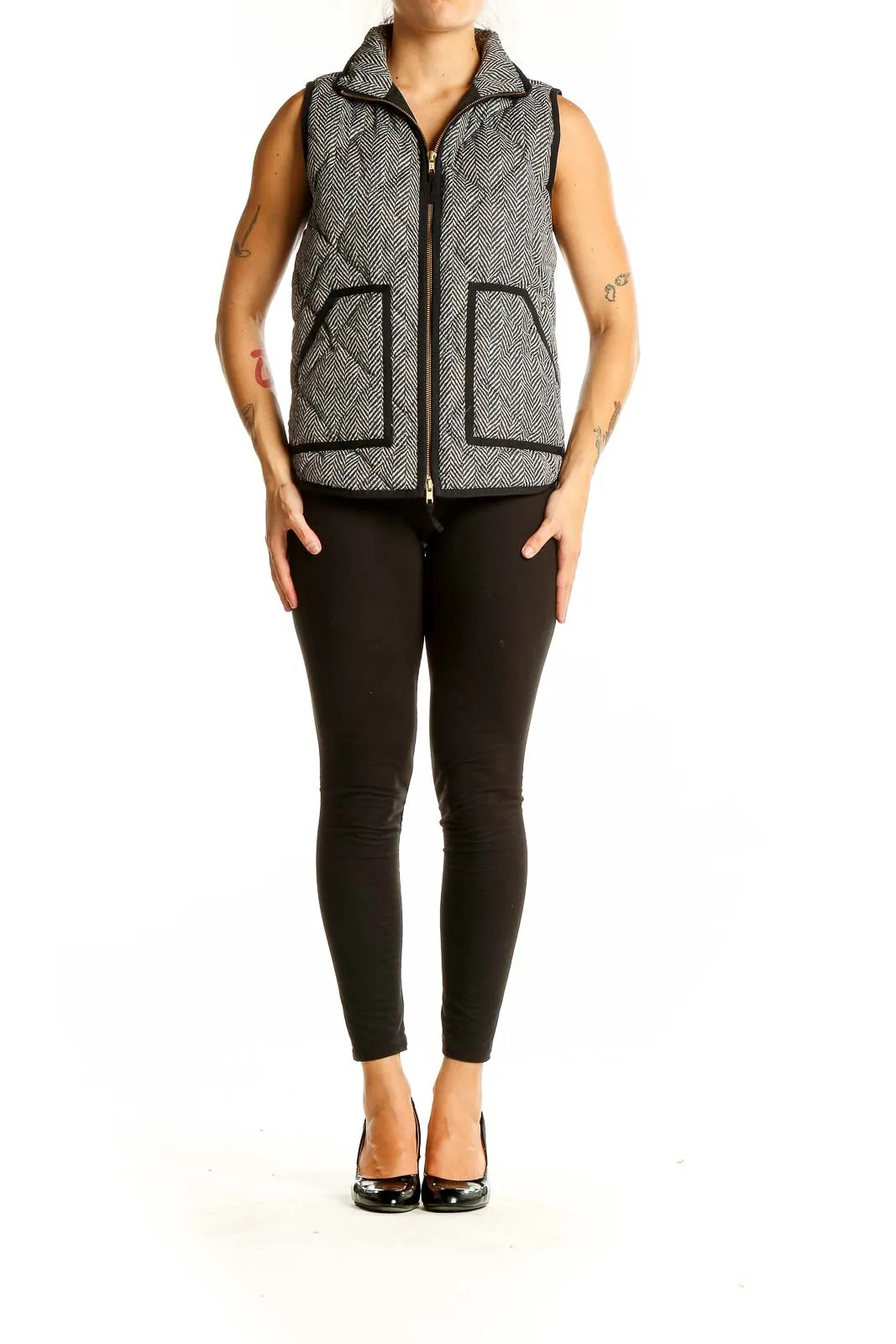 Gray Herringbone Quilted Puffer Vest