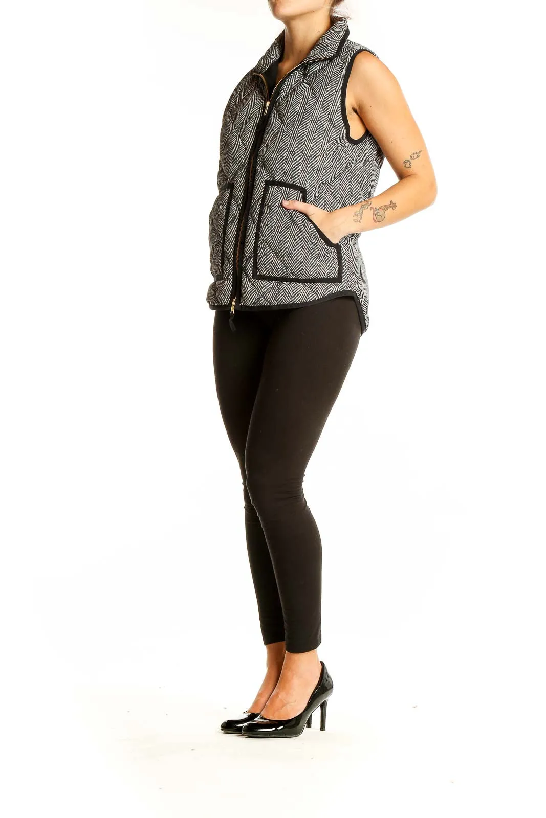 Gray Herringbone Quilted Puffer Vest