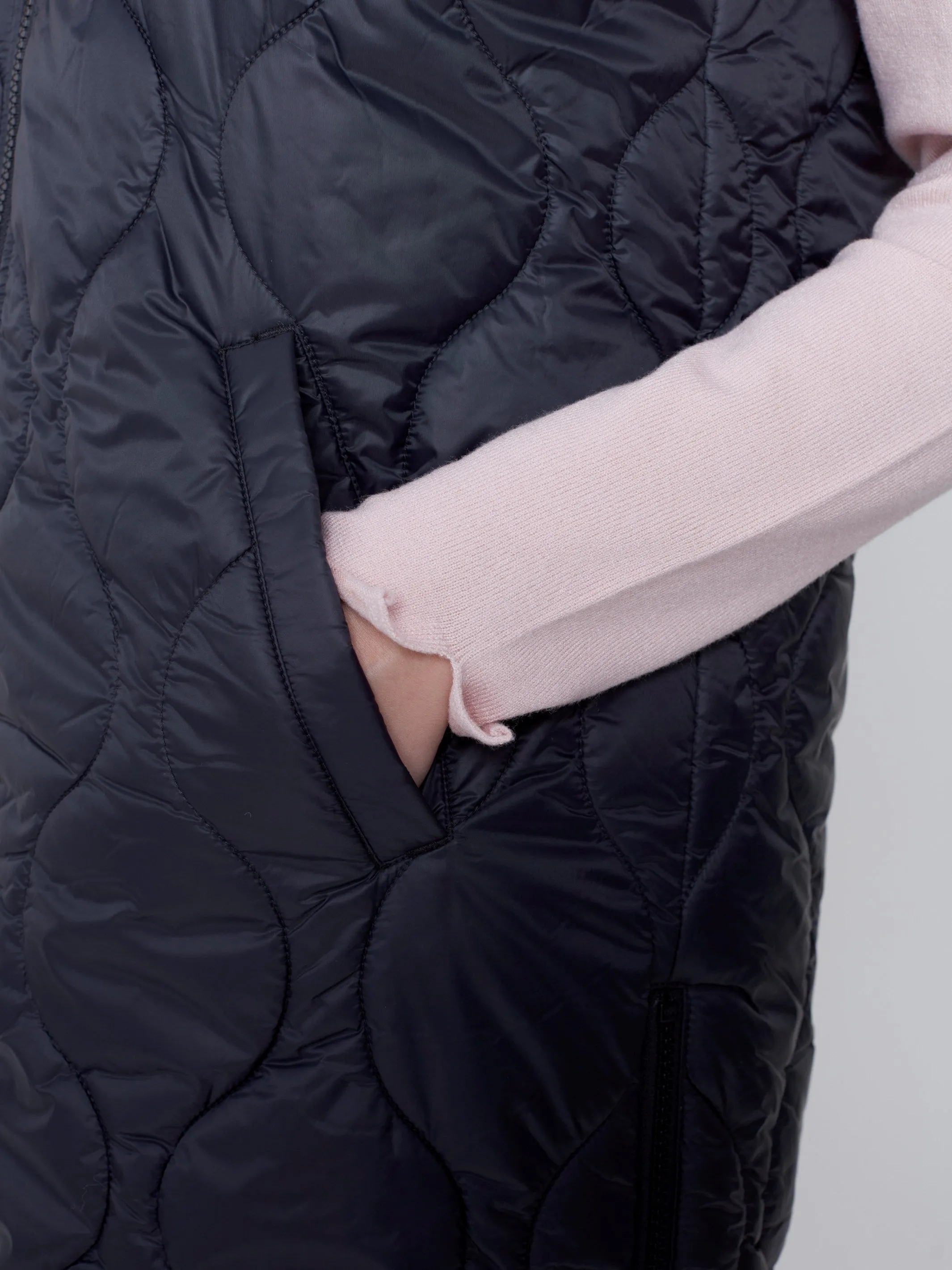 Long Quilted Puffer Vest with Hood - Black