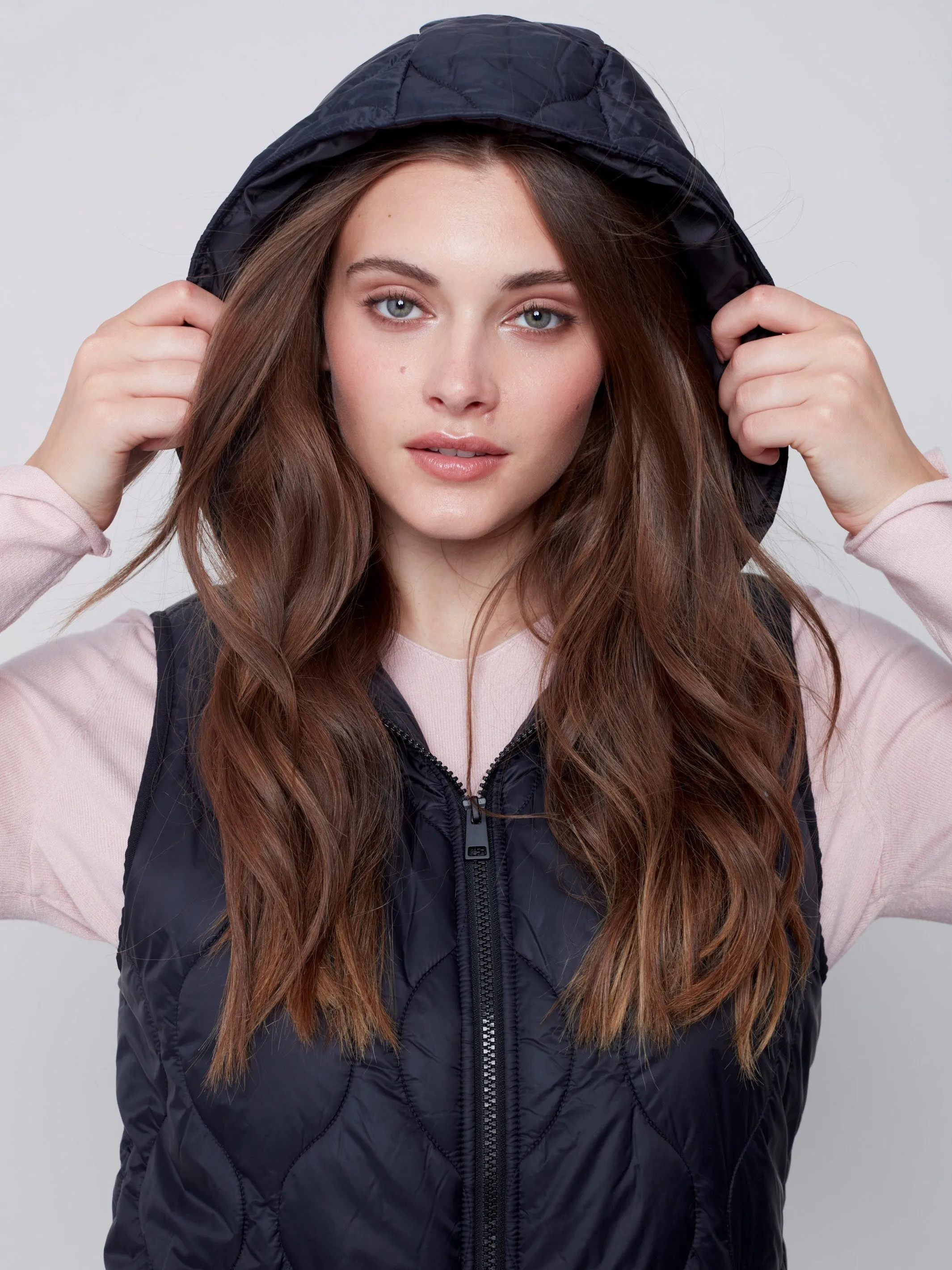 Long Quilted Puffer Vest with Hood - Black