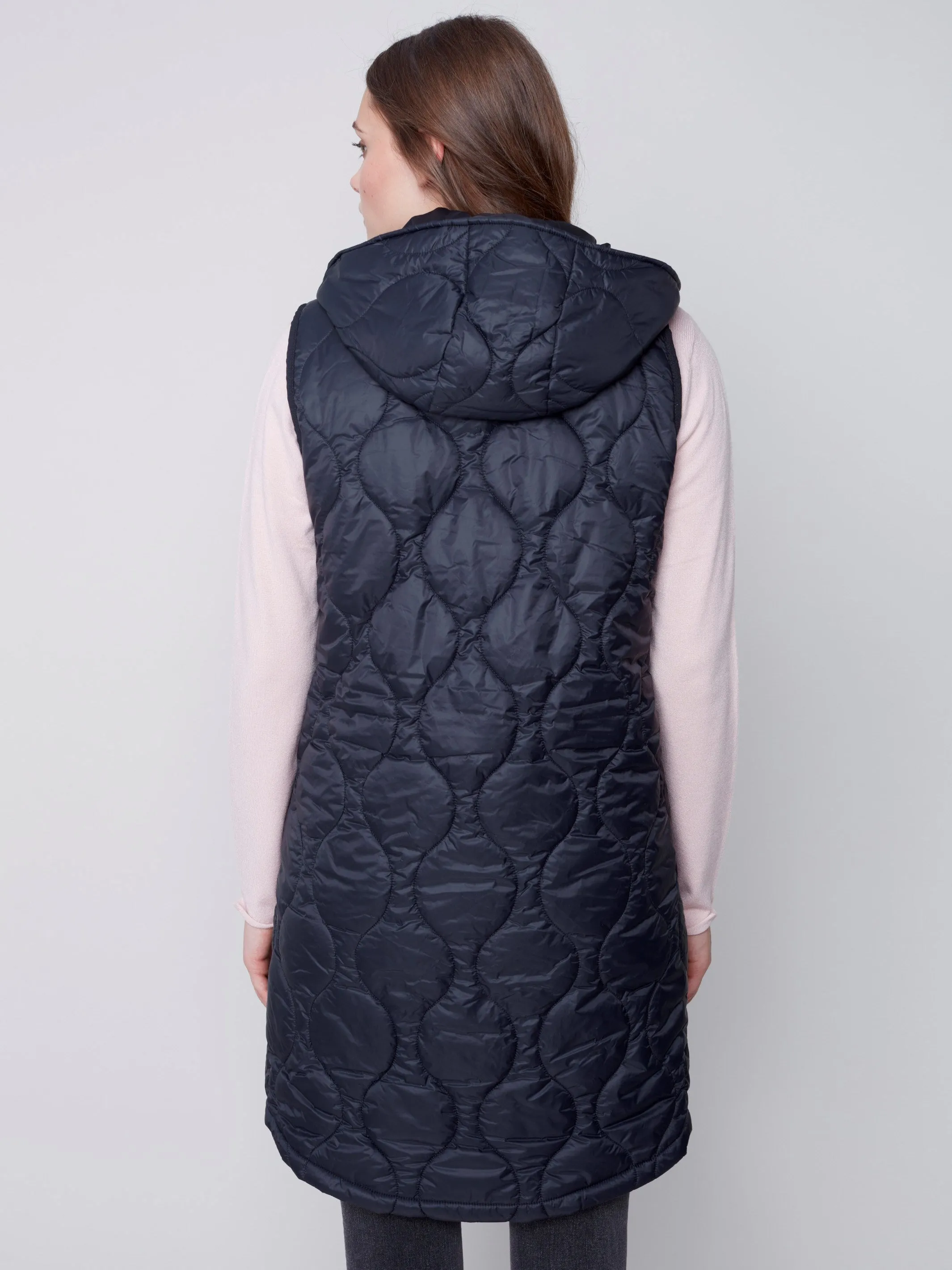 Long Quilted Puffer Vest with Hood - Black
