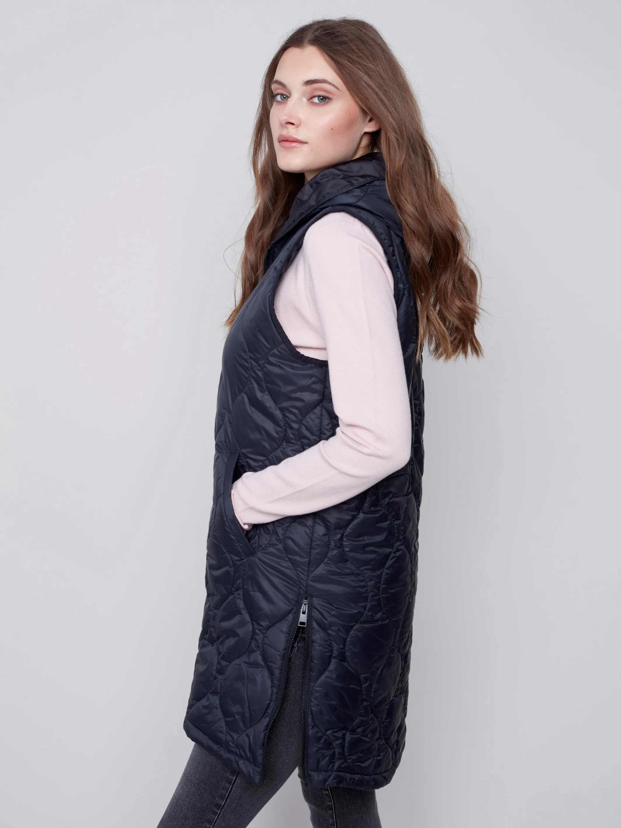 Long Quilted Puffer Vest with Hood - Black