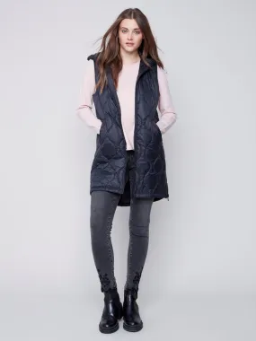 Long Quilted Puffer Vest with Hood - Black
