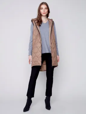 Long Quilted Puffer Vest with Hood - Truffle