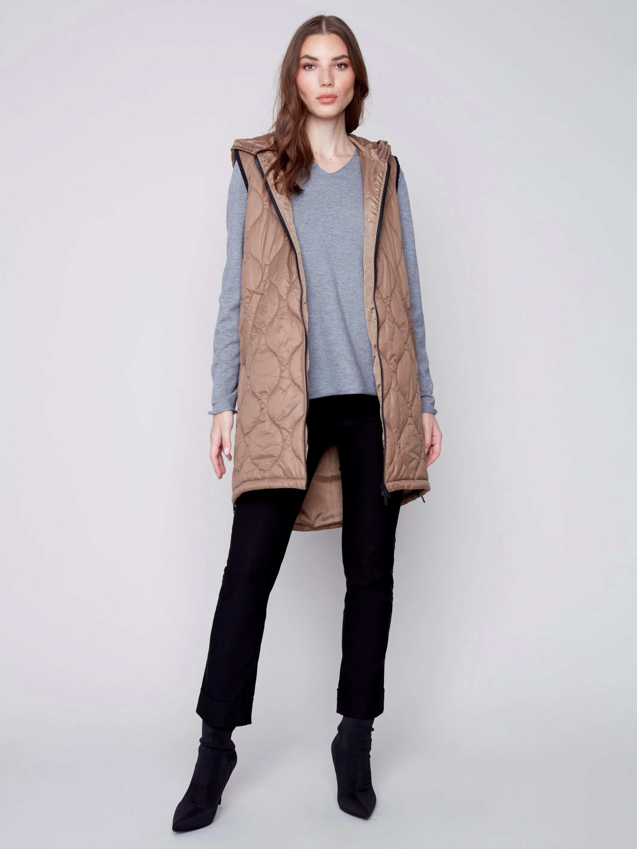 Long Quilted Puffer Vest with Hood - Truffle