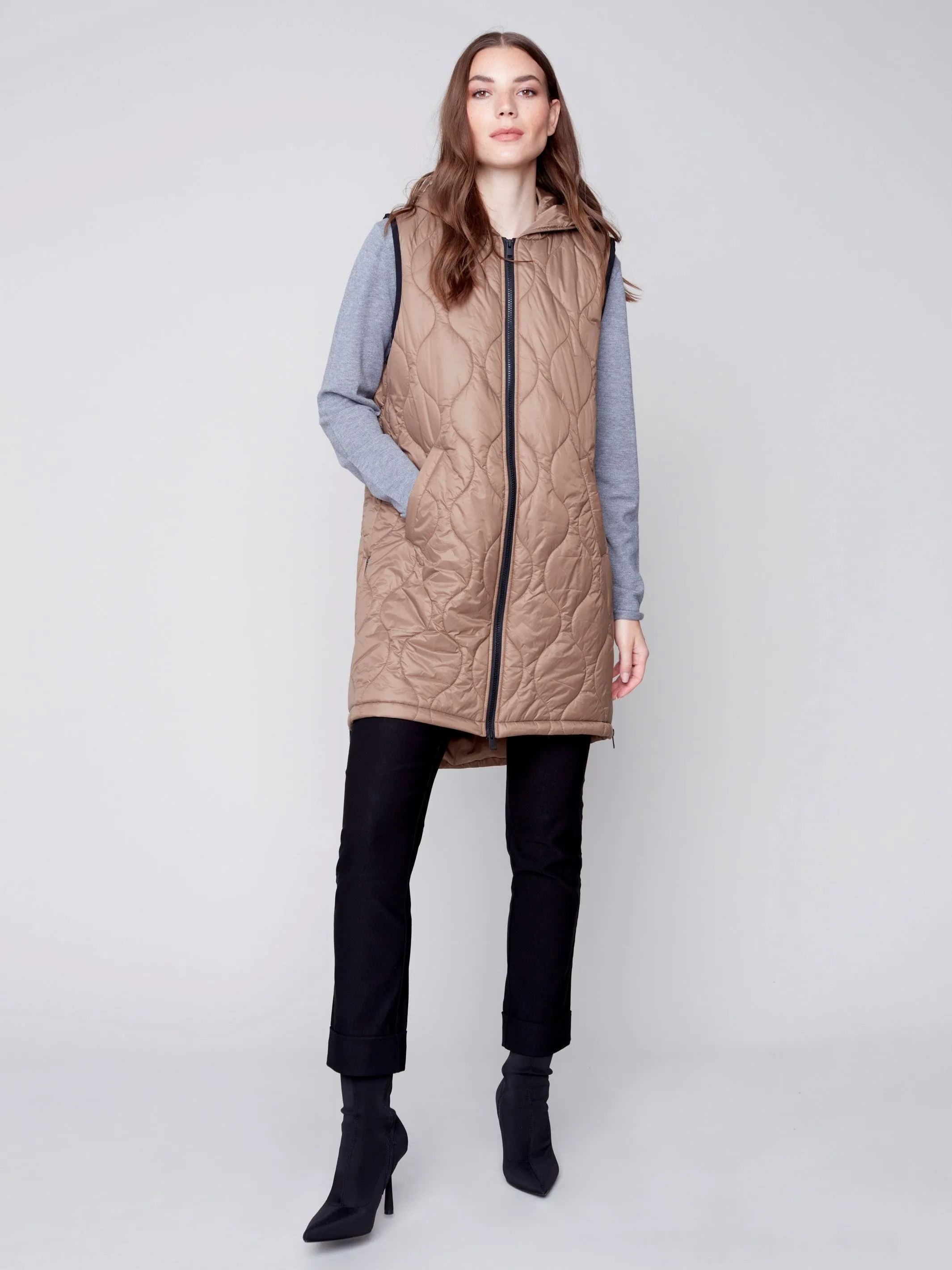 Long Quilted Puffer Vest with Hood - Truffle