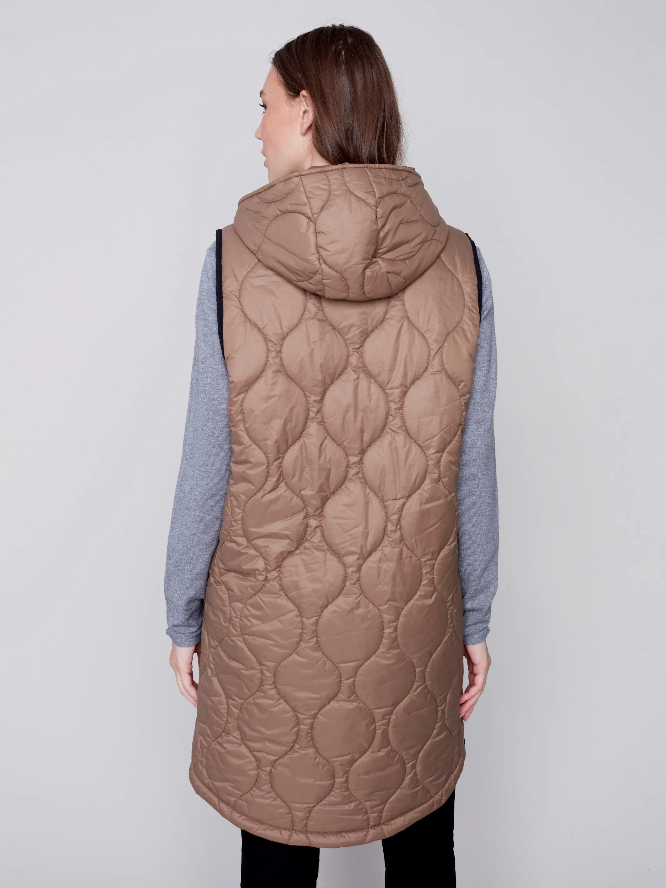 Long Quilted Puffer Vest with Hood - Truffle