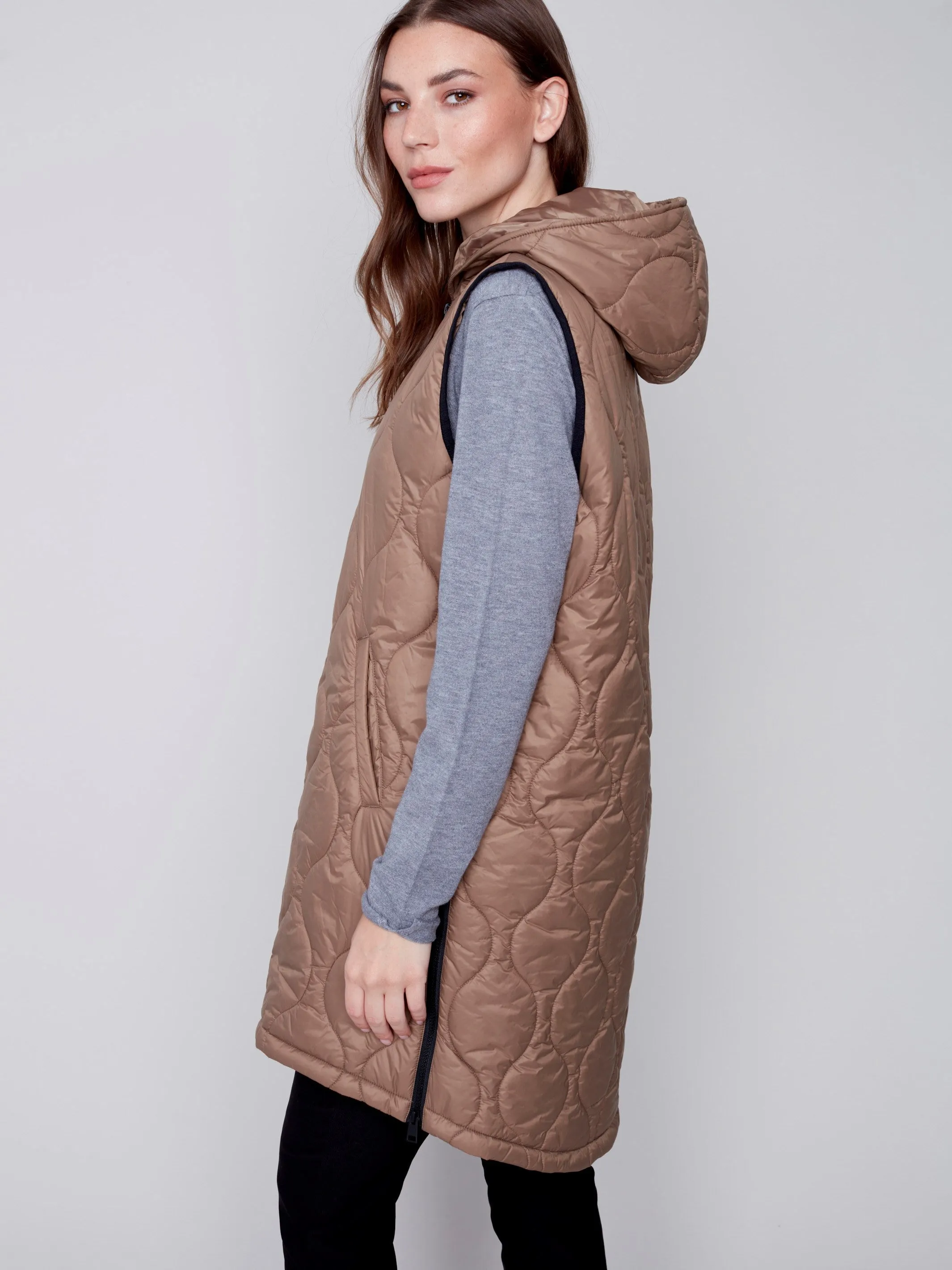 Long Quilted Puffer Vest with Hood - Truffle