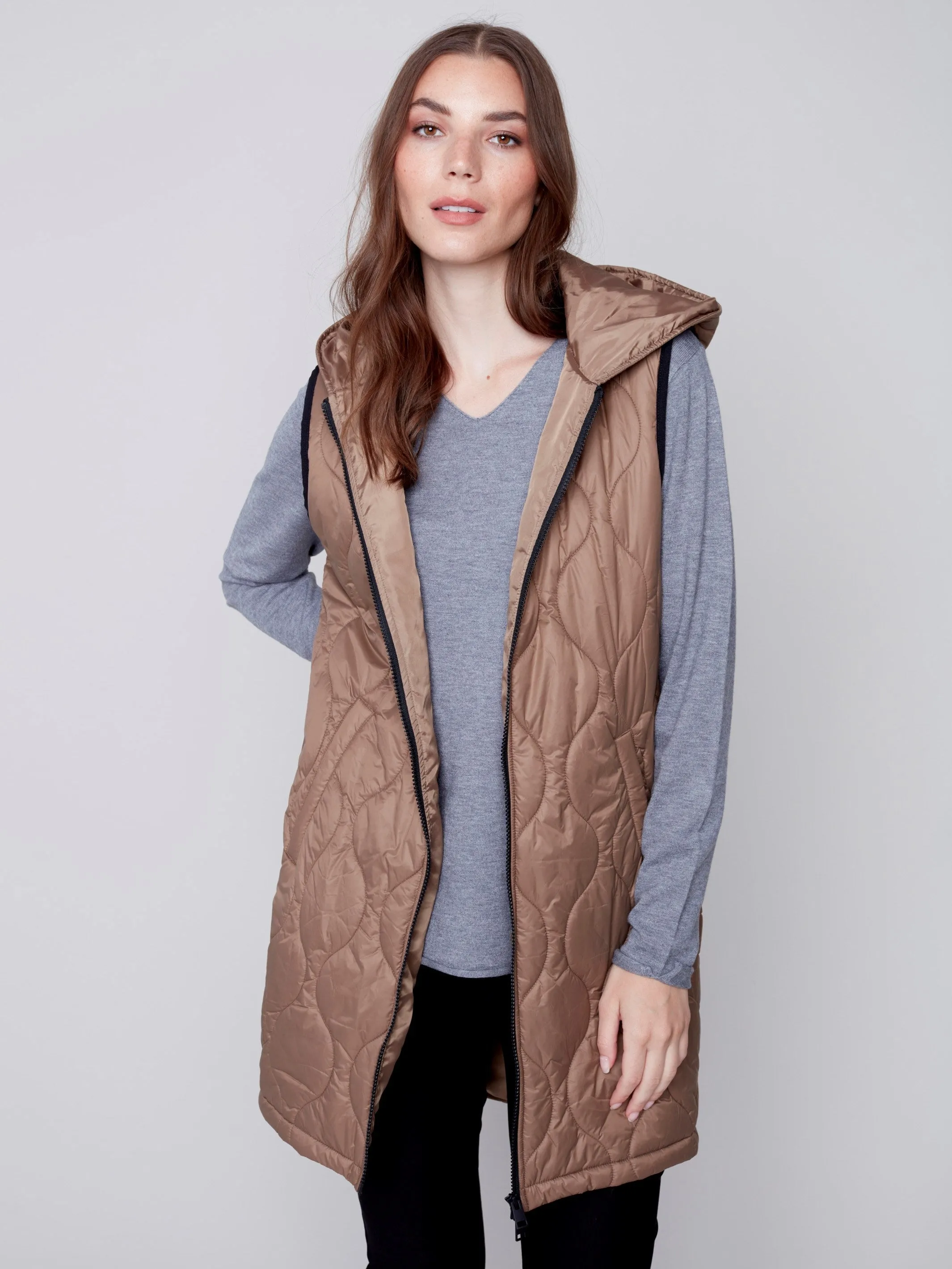 Long Quilted Puffer Vest with Hood - Truffle