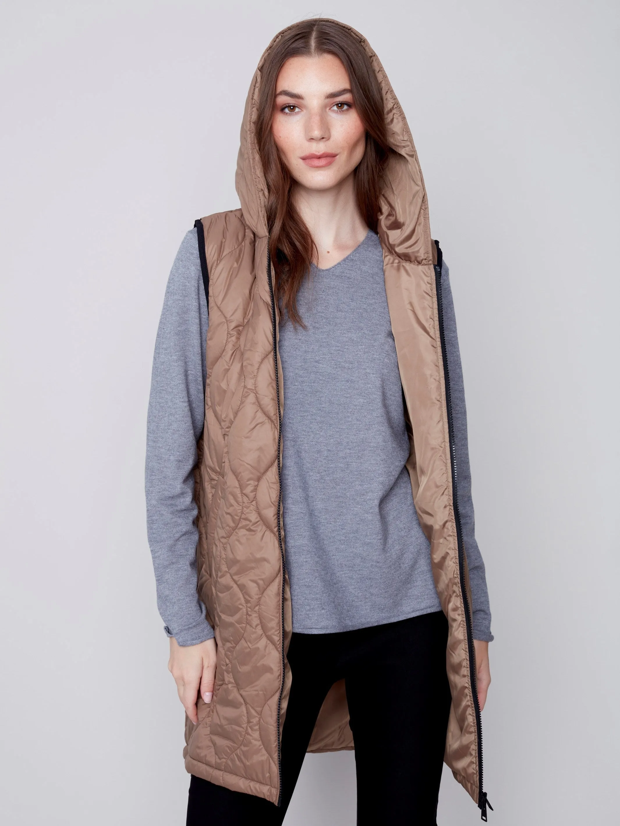 Long Quilted Puffer Vest with Hood - Truffle