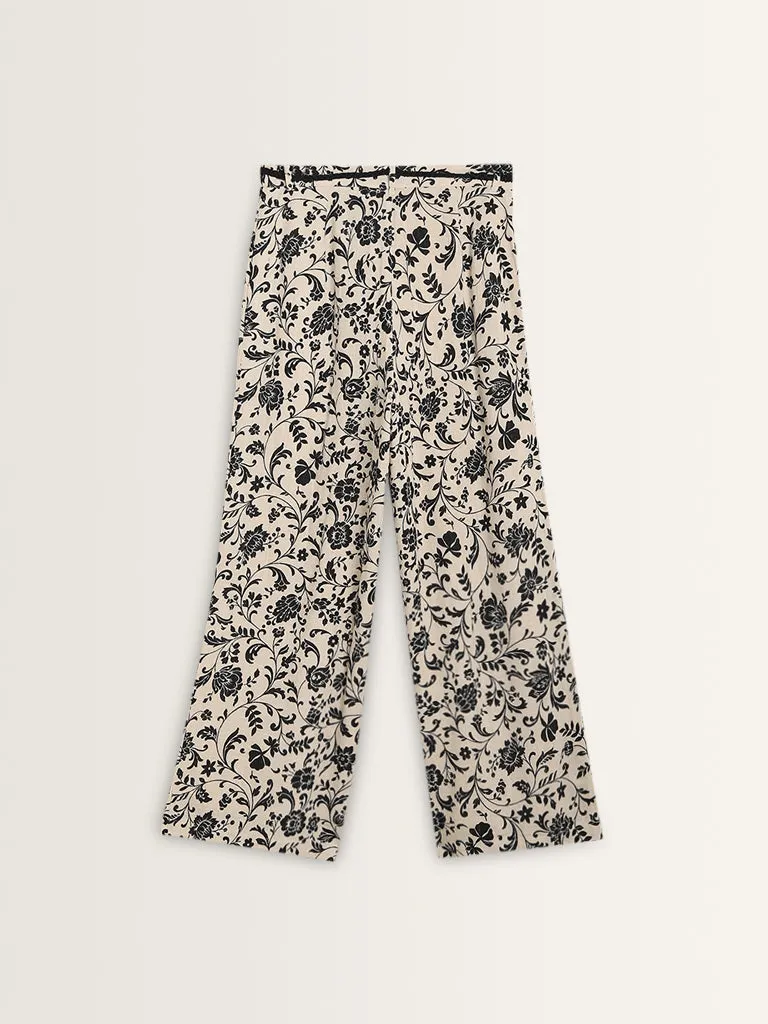 LOV Beige Floral Patterned Mid-Rise Palazzos