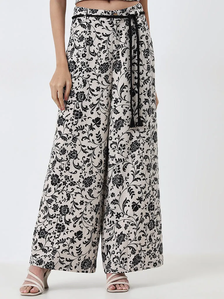 LOV Beige Floral Patterned Mid-Rise Palazzos