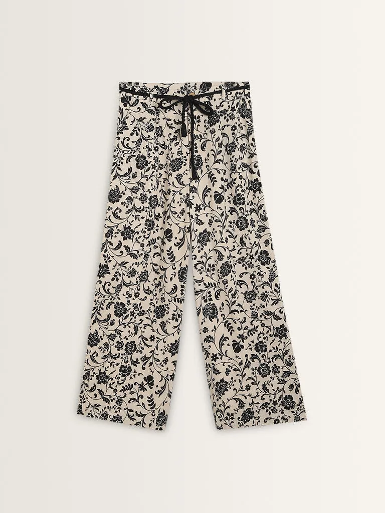 LOV Beige Floral Patterned Mid-Rise Palazzos