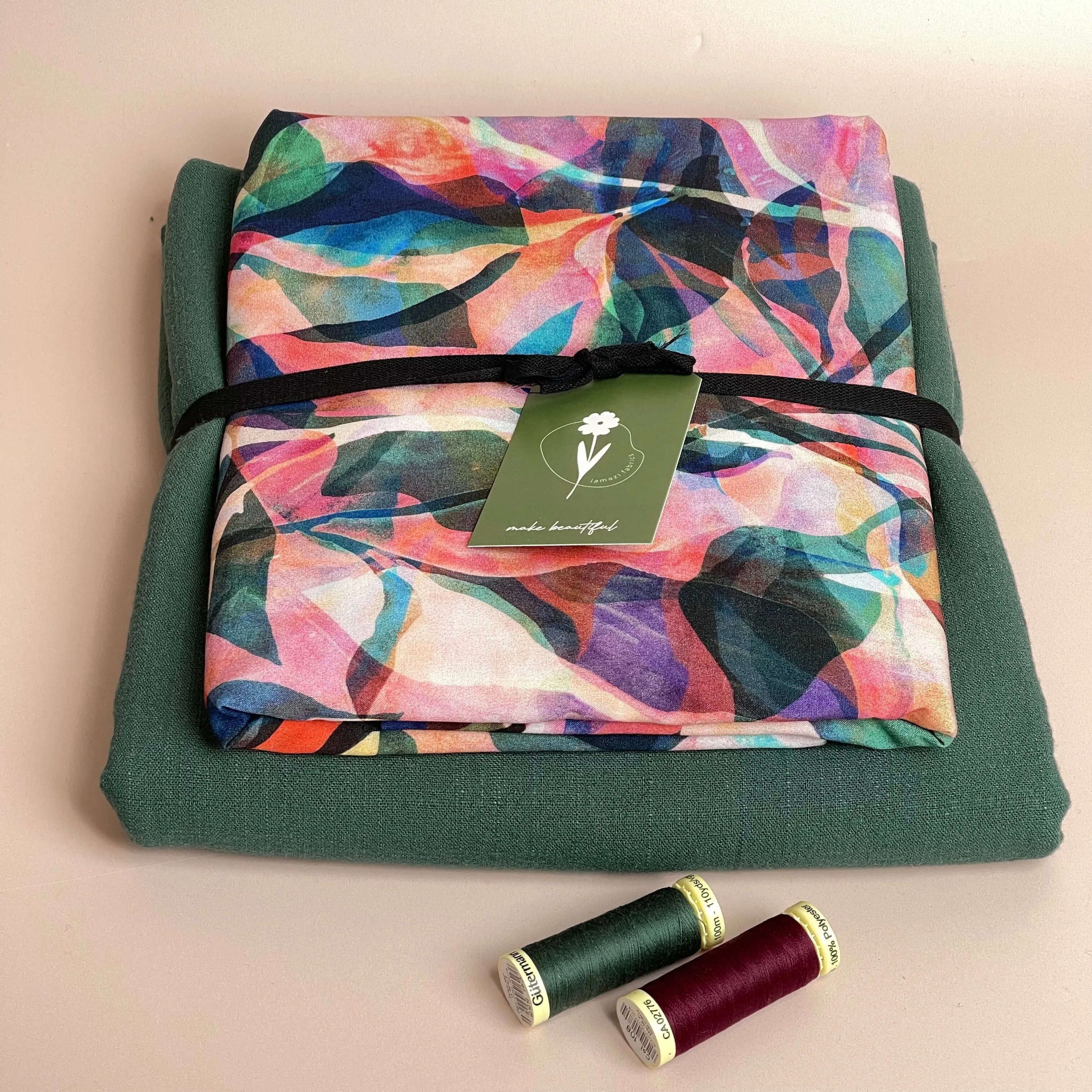 Make an Outfit Colour Bundle - Painted Foliage Forest Viscose with Bottle Green Flow Linen
