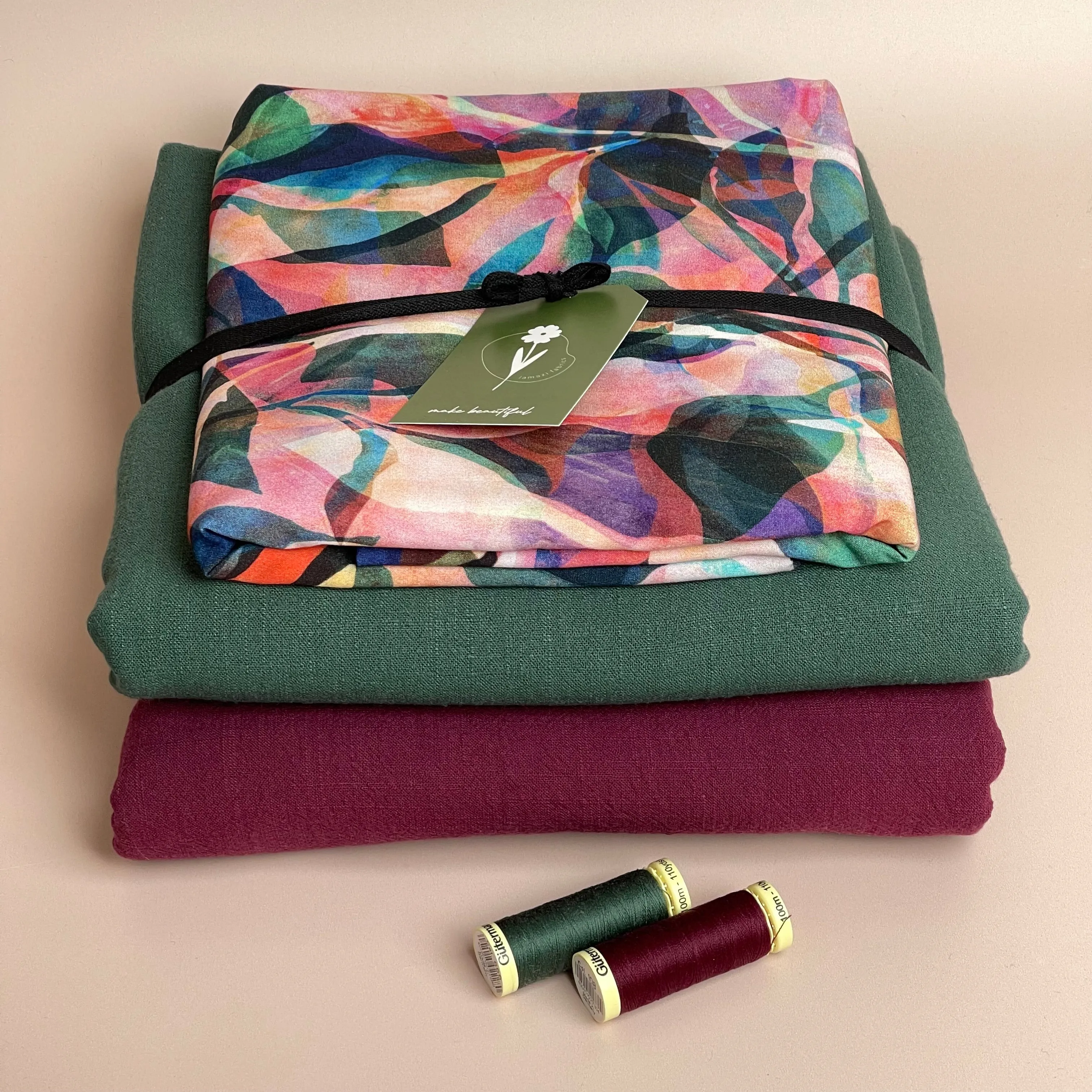 Make an Outfit Colour Bundle - Painted Foliage Forest Viscose with Bottle Green Flow Linen
