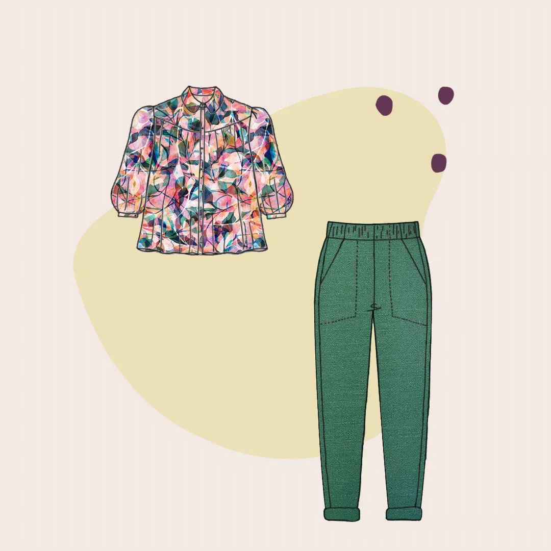 Make an Outfit Colour Bundle - Painted Foliage Forest Viscose with Bottle Green Flow Linen
