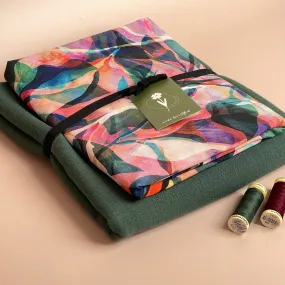 Make an Outfit Colour Bundle - Painted Foliage Forest Viscose with Bottle Green Flow Linen